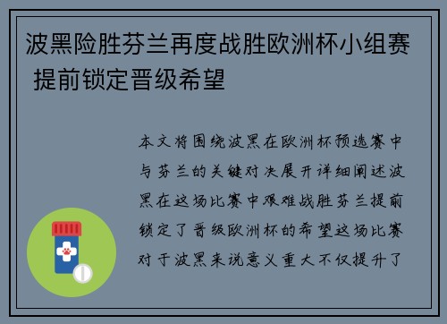波黑险胜芬兰再度战胜欧洲杯小组赛 提前锁定晋级希望 波黑险胜芬兰再度战胜欧洲杯小组赛 提前锁定晋级希望